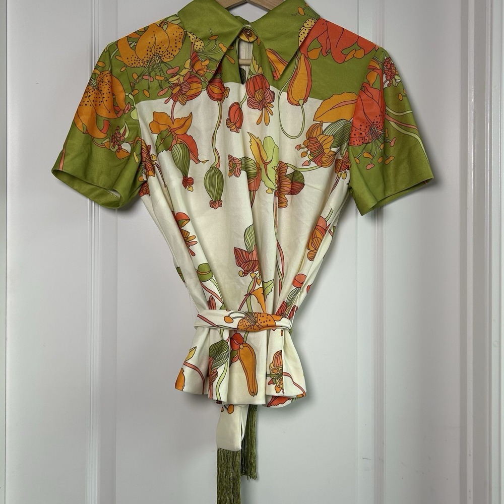Leslie Fay Knits Vintage 70s Art Nouveau Botanical Floral Fringe Belt Blouse
